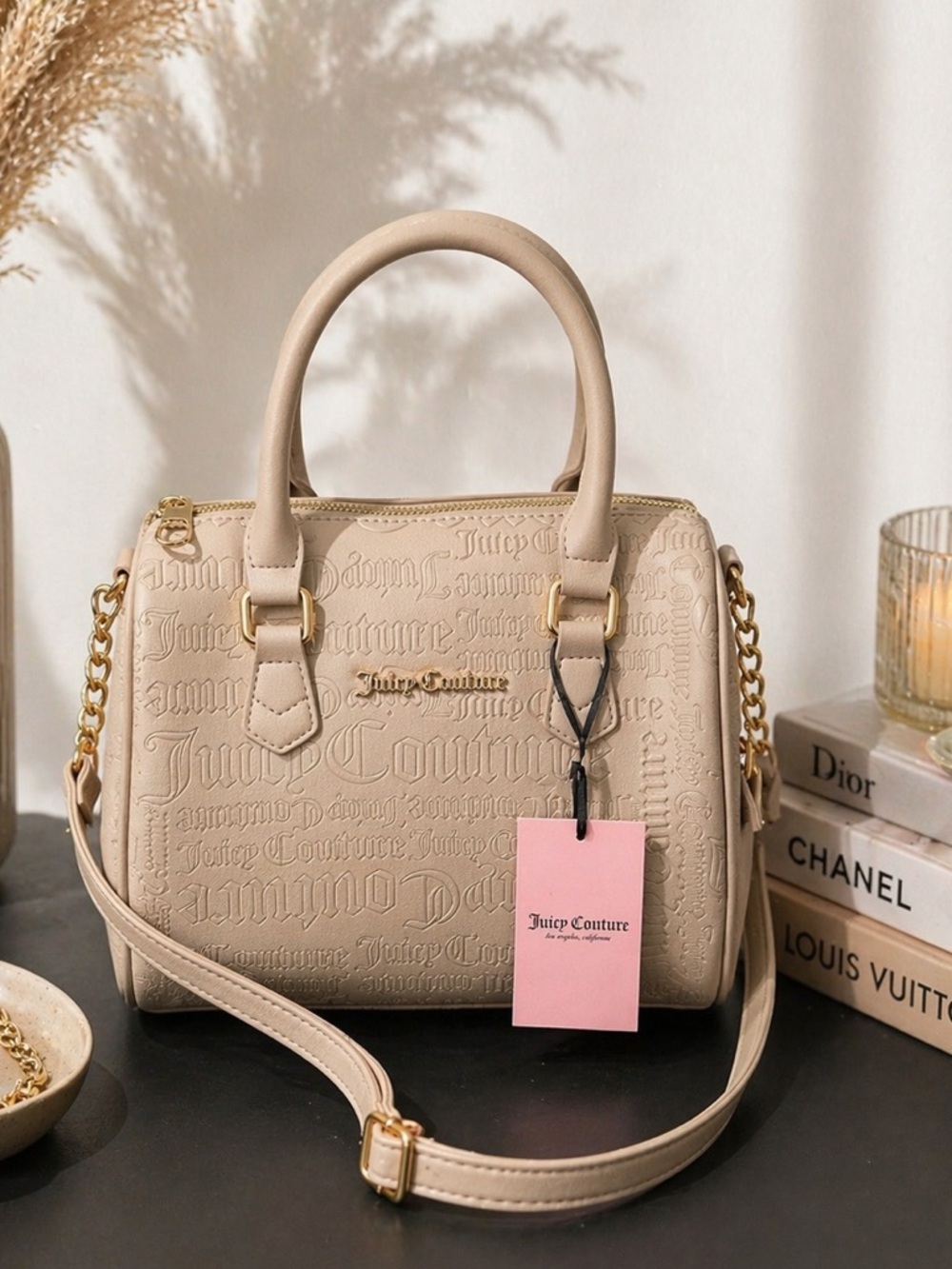Juicy Couture Beige Embossed Logo Satchel Crossbody Bag Top Handle Purse